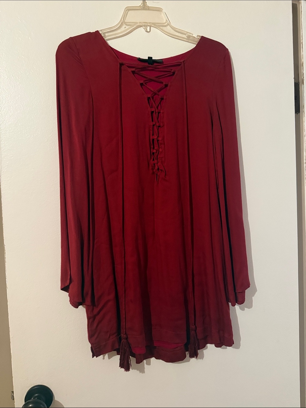 Olivaceous Burgundy Lace-Up Long Sleeve Mini Dress